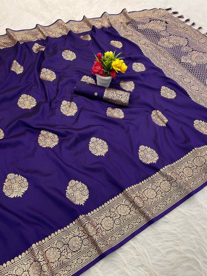 Energetic Royal Purple Pure Zari Weaving Banarasi Silk Saree With Ailurophile Blouse Piece
