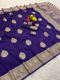 Energetic Royal Purple Pure Zari Weaving Banarasi Silk Saree With Ailurophile Blouse Piece