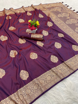 Invaluable Wine Pure Zari Weaving Banarasi Silk Saree With Admirable Blouse Piece