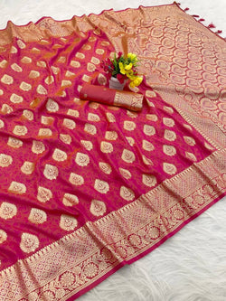 Pleasant Dark Pink Pure Zari Weaving Banarasi Silk Saree With Most Stunning Blouse Piece