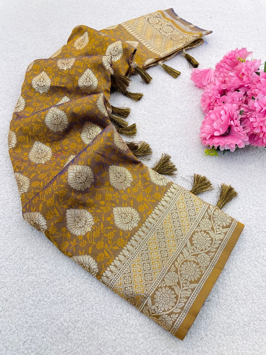 Woebegone Mustard Pure Zari Weaving Banarasi Silk Saree With Enthralling Blouse Piece