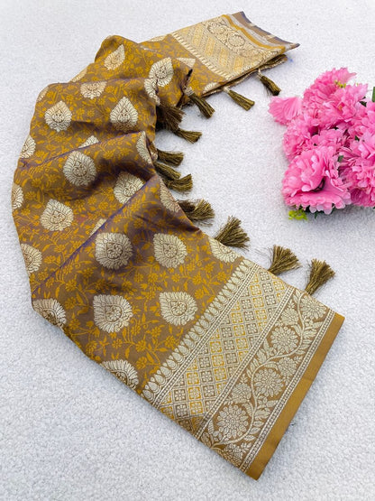 Woebegone Mustard Pure Zari Weaving Banarasi Silk Saree With Enthralling Blouse Piece