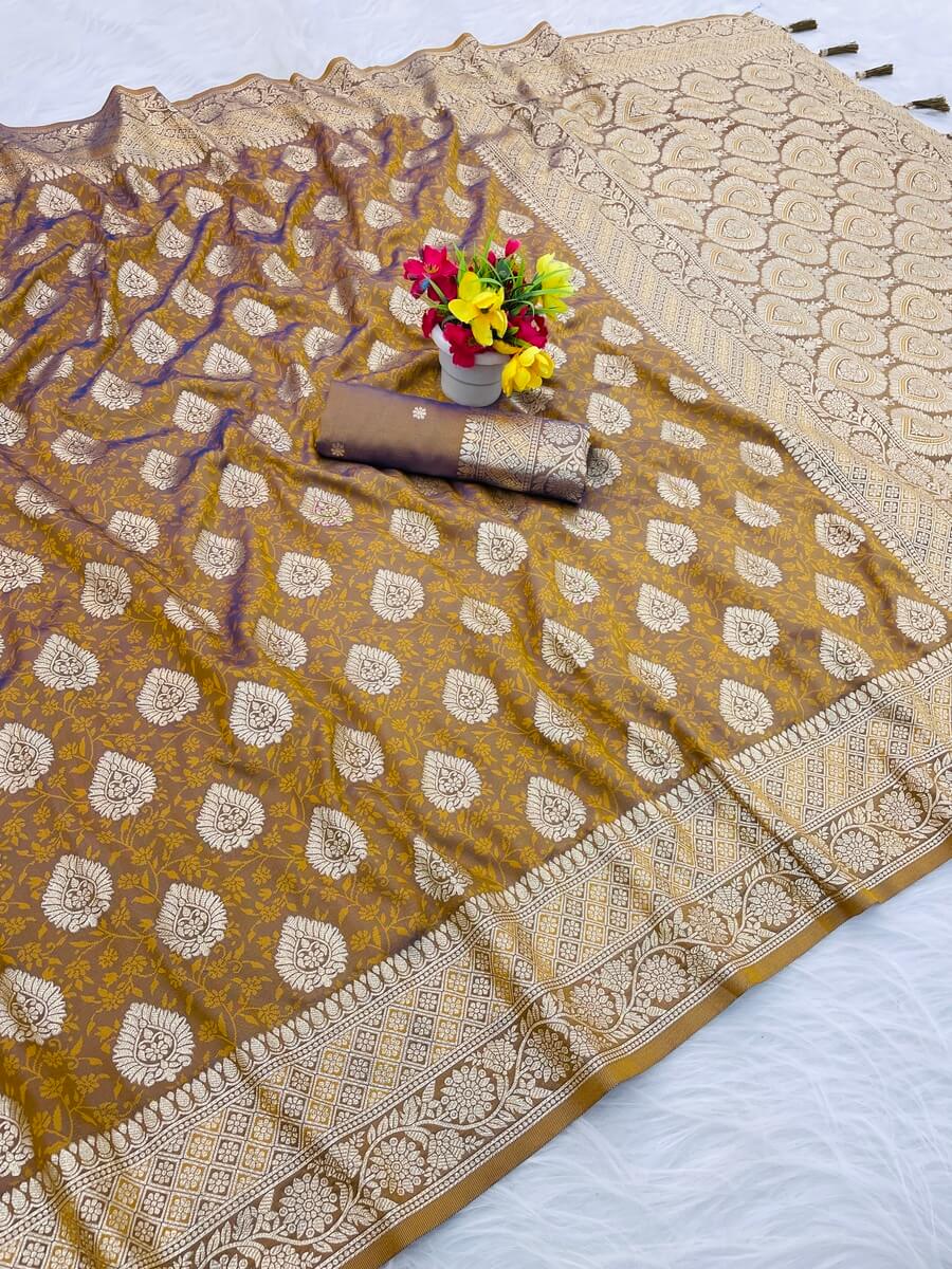 Woebegone Mustard Pure Zari Weaving Banarasi Silk Saree With Enthralling Blouse Piece