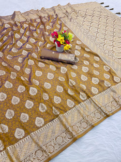 Woebegone Mustard Pure Zari Weaving Banarasi Silk Saree With Enthralling Blouse Piece