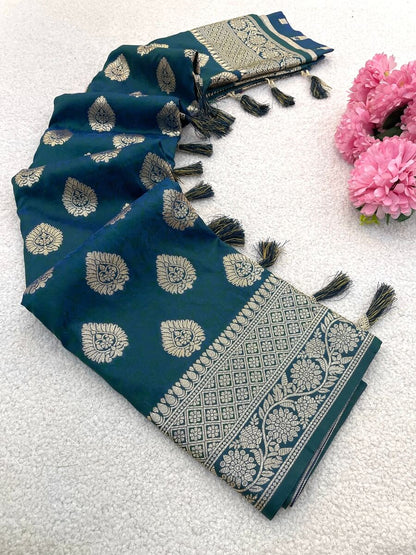 Ethnic Rama Pure Zari Weaving Banarasi Silk Saree With Murmurous Blouse Piece