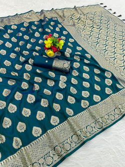 Ethnic Rama Pure Zari Weaving Banarasi Silk Saree With Murmurous Blouse Piece