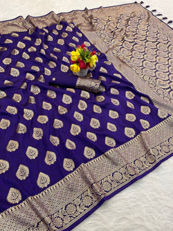 Propinquity Royal Purple Pure Zari Weaving Banarasi Silk Saree With Unequalled Blouse Piece