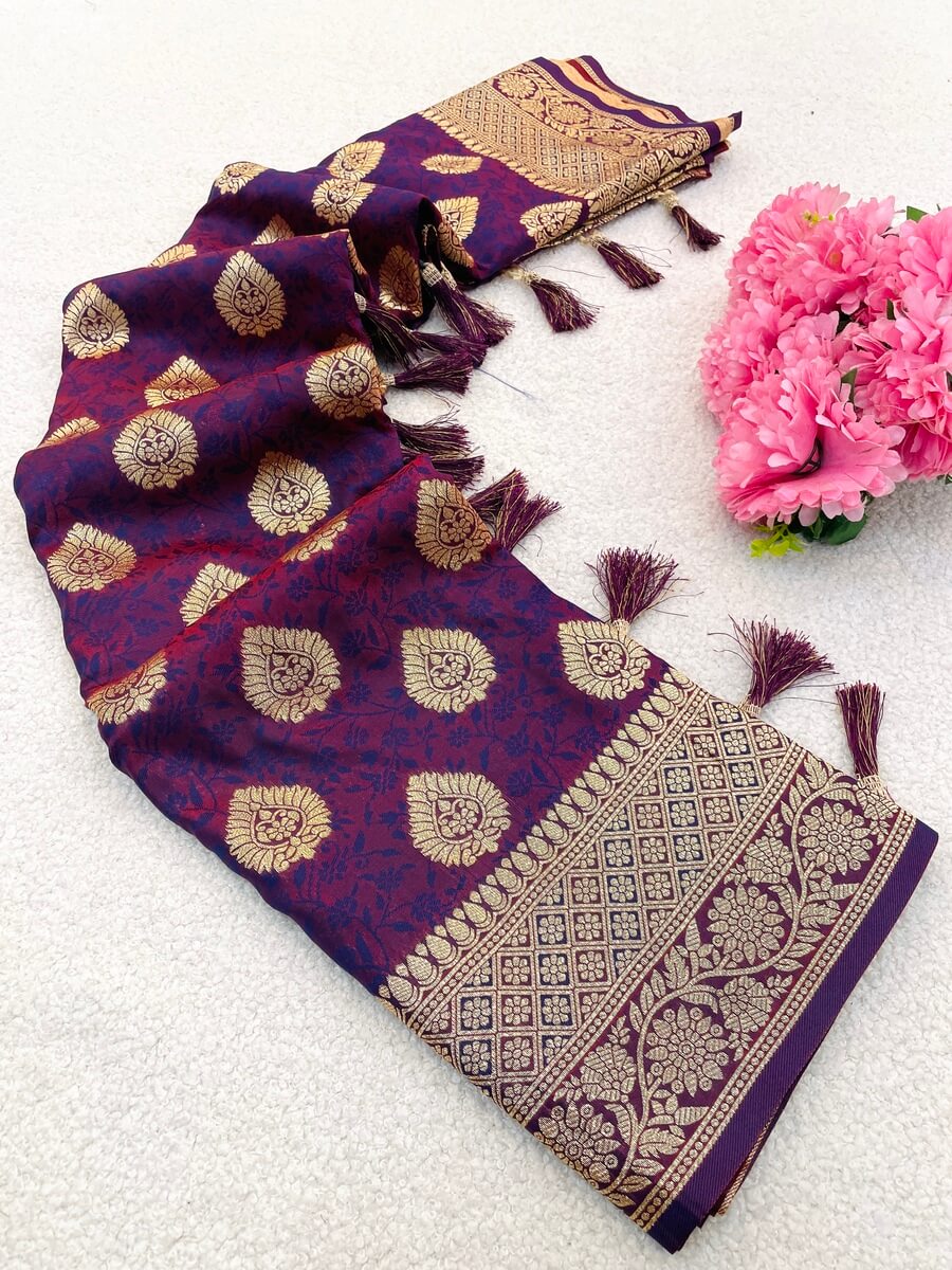 Radiant Wine Pure Zari Weaving Banarasi Silk Saree With Unique Blouse Piece