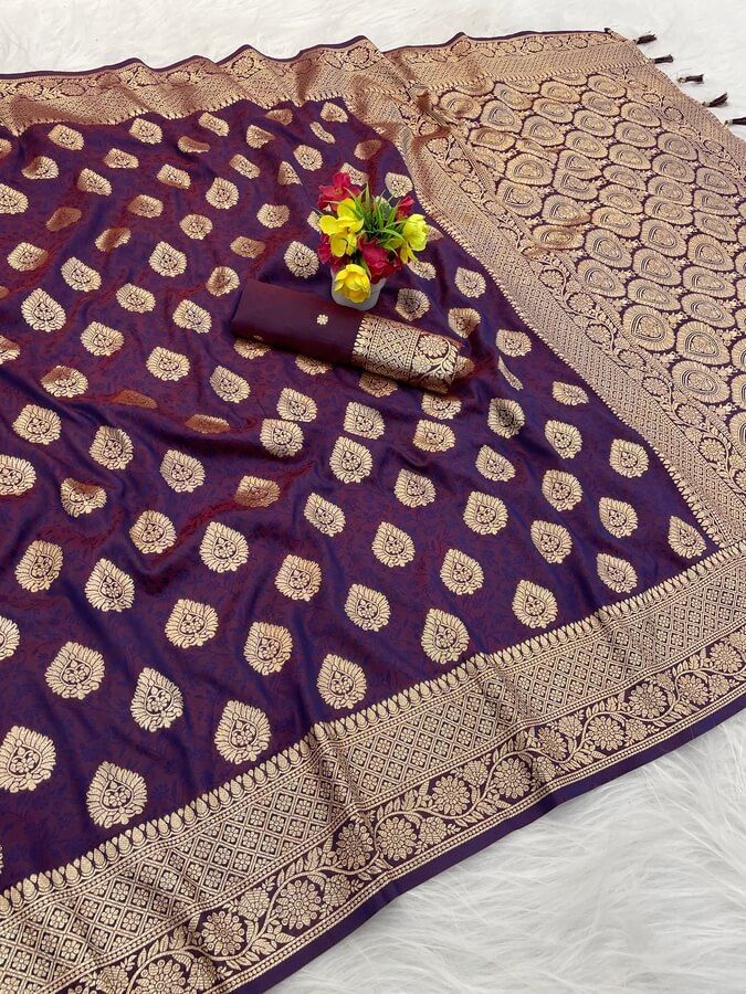 Radiant Wine Pure Zari Weaving Banarasi Silk Saree With Unique Blouse Piece