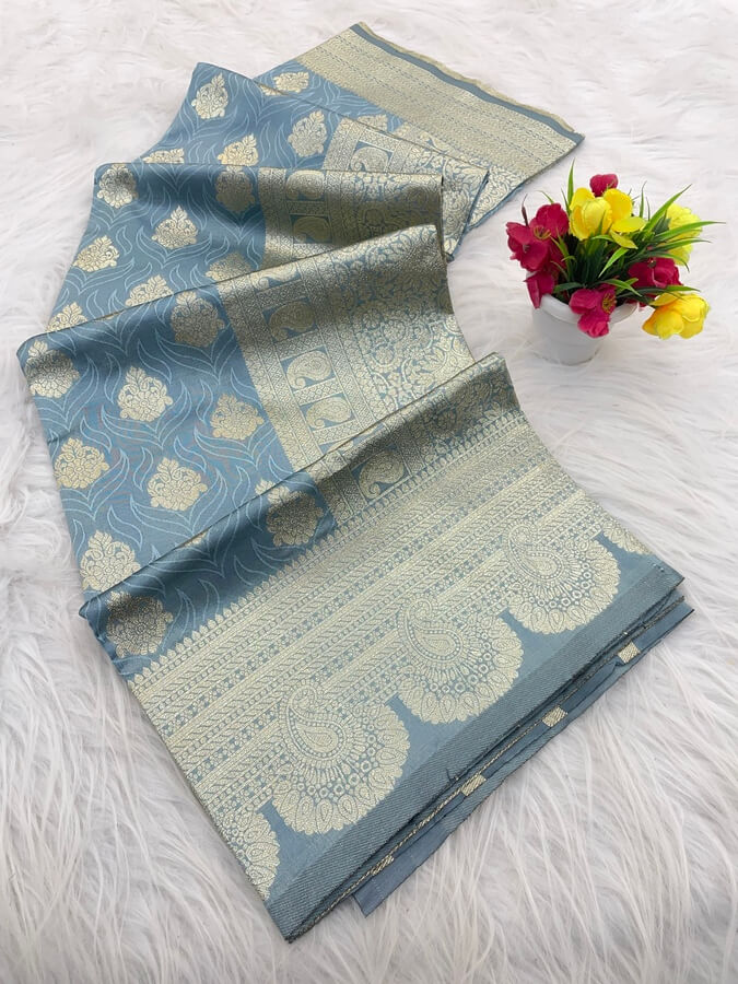 Evanescent Grey Soft Silk Saree With Designer Blouse Piece