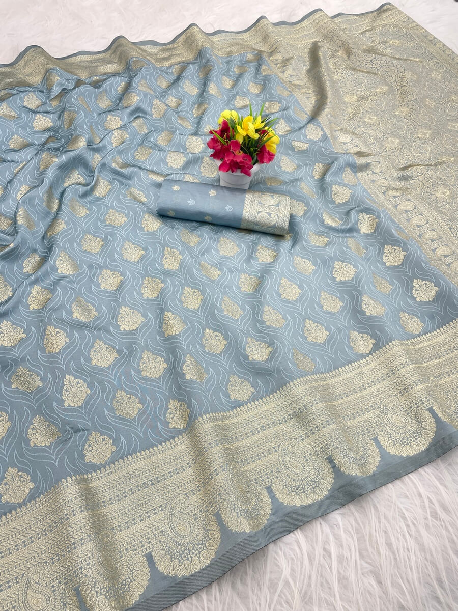 Evanescent Grey Soft Silk Saree With Designer Blouse Piece