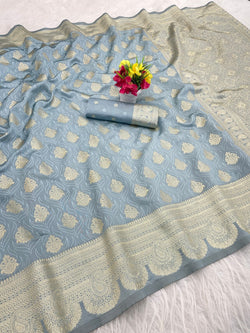 Evanescent Grey Soft Silk Saree With Designer Blouse Piece