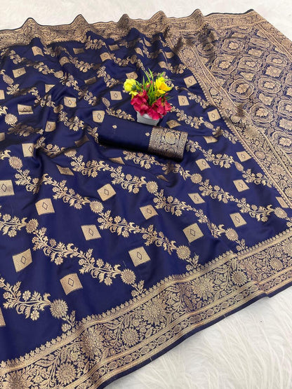 Gratifying Navy Blue Soft Silk Saree With Ineffable Blouse Piece