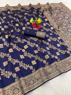 Gratifying Navy Blue Soft Silk Saree With Ineffable Blouse Piece