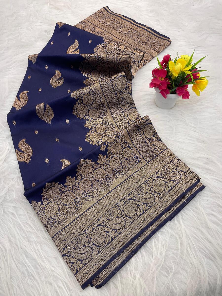 Innovative Navy Blue Soft Silk Saree With Precious Blouse Piece