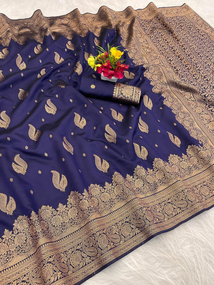 Innovative Navy Blue Soft Silk Saree With Precious Blouse Piece
