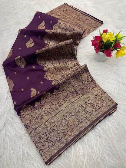Blissful Purple Soft Silk Saree With Nebula Blouse Piece