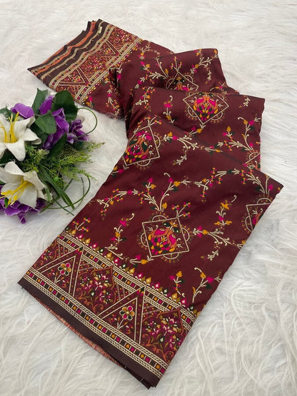 Charismatic Brown Pashmina Saree With Enchanting Blouse Piece