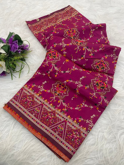 Glittering Dark Pink Pashmina Saree With Demanding Blouse Piece