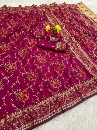 Glittering Dark Pink Pashmina Saree With Demanding Blouse Piece