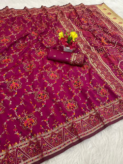Glittering Dark Pink Pashmina Saree With Demanding Blouse Piece