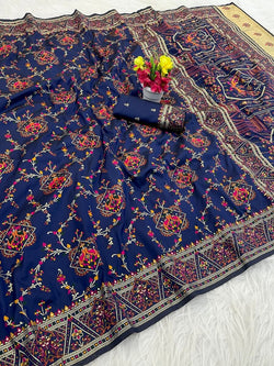 Exuberant Navy Blue Pashmina Saree With Elision Blouse Piece