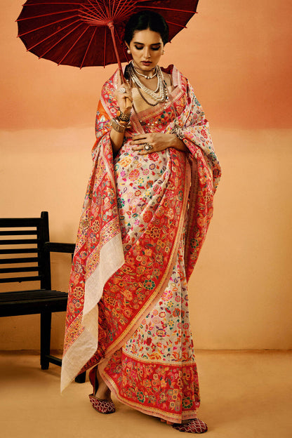 Fugacious Beige Pashmina Saree With Lagniappe Blouse Piece