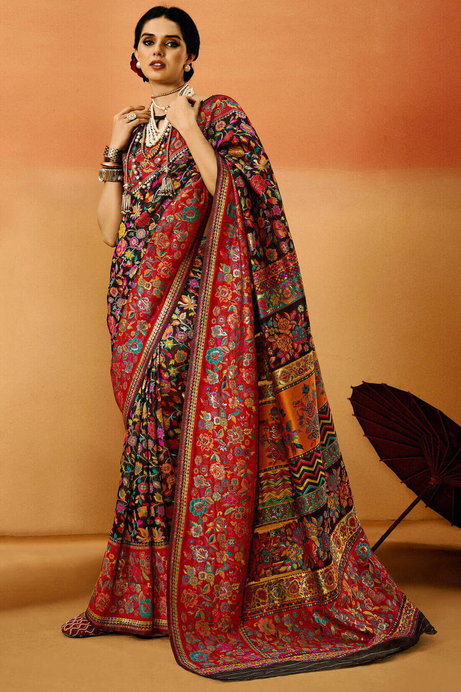 Sensational Black Pashmina Saree With Diaphanous Blouse Piece