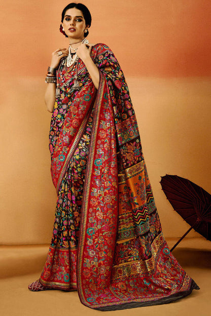 Sensational Black Pashmina Saree With Diaphanous Blouse Piece