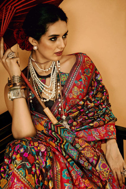 Sensational Black Pashmina Saree With Diaphanous Blouse Piece