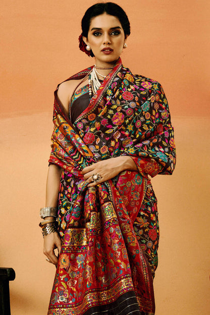 Sensational Black Pashmina Saree With Diaphanous Blouse Piece