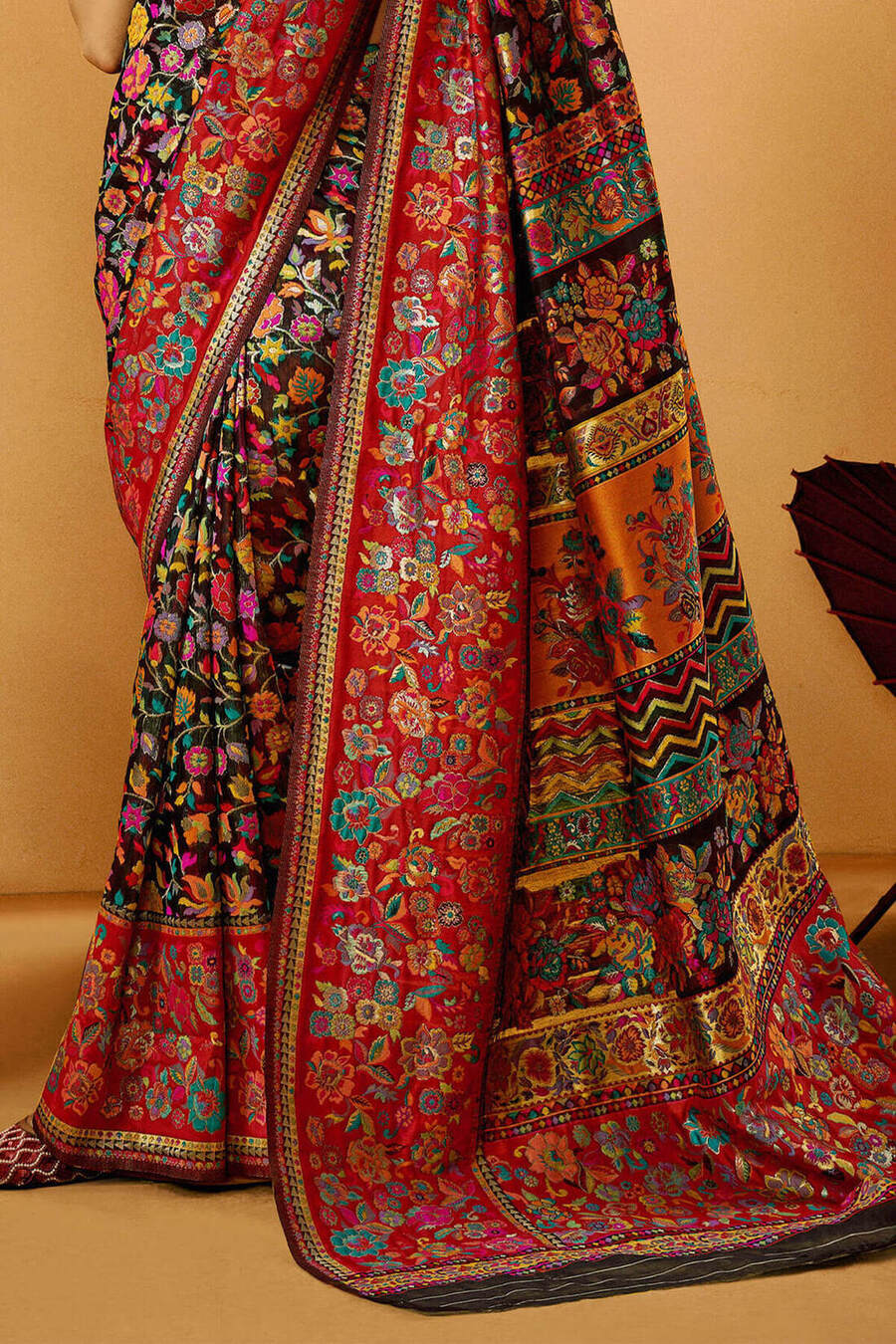 Sensational Black Pashmina Saree With Diaphanous Blouse Piece