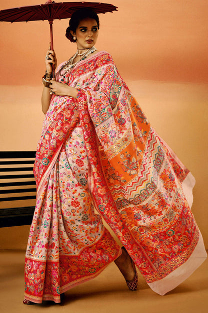 Skinny Baby Pink Pashmina Saree With Amiable Blouse Piece
