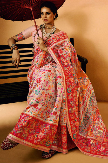 Skinny Baby Pink Pashmina Saree With Amiable Blouse Piece