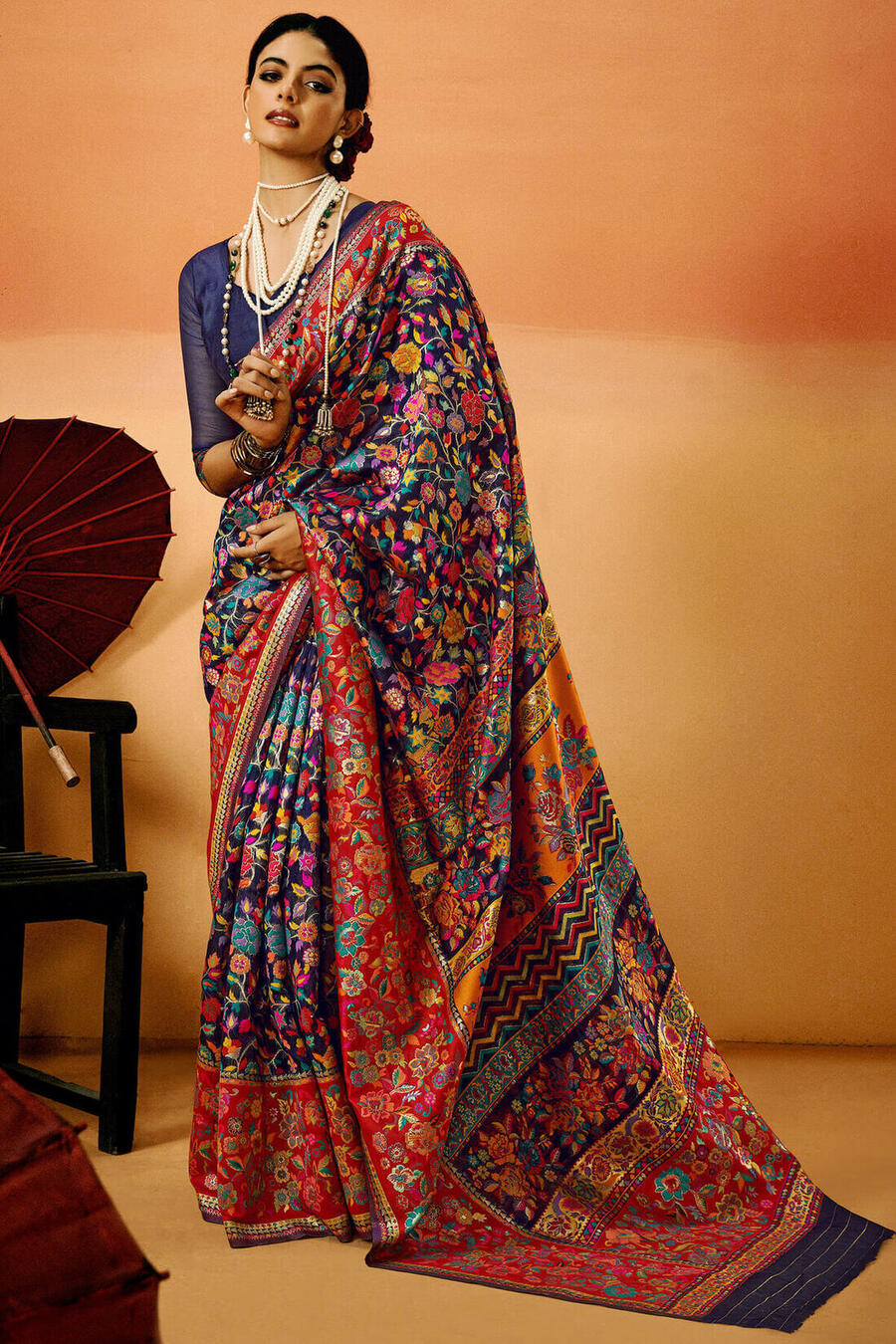 Prodigal Navy Blue Pashmina Saree With Magnificat Blouse Piece