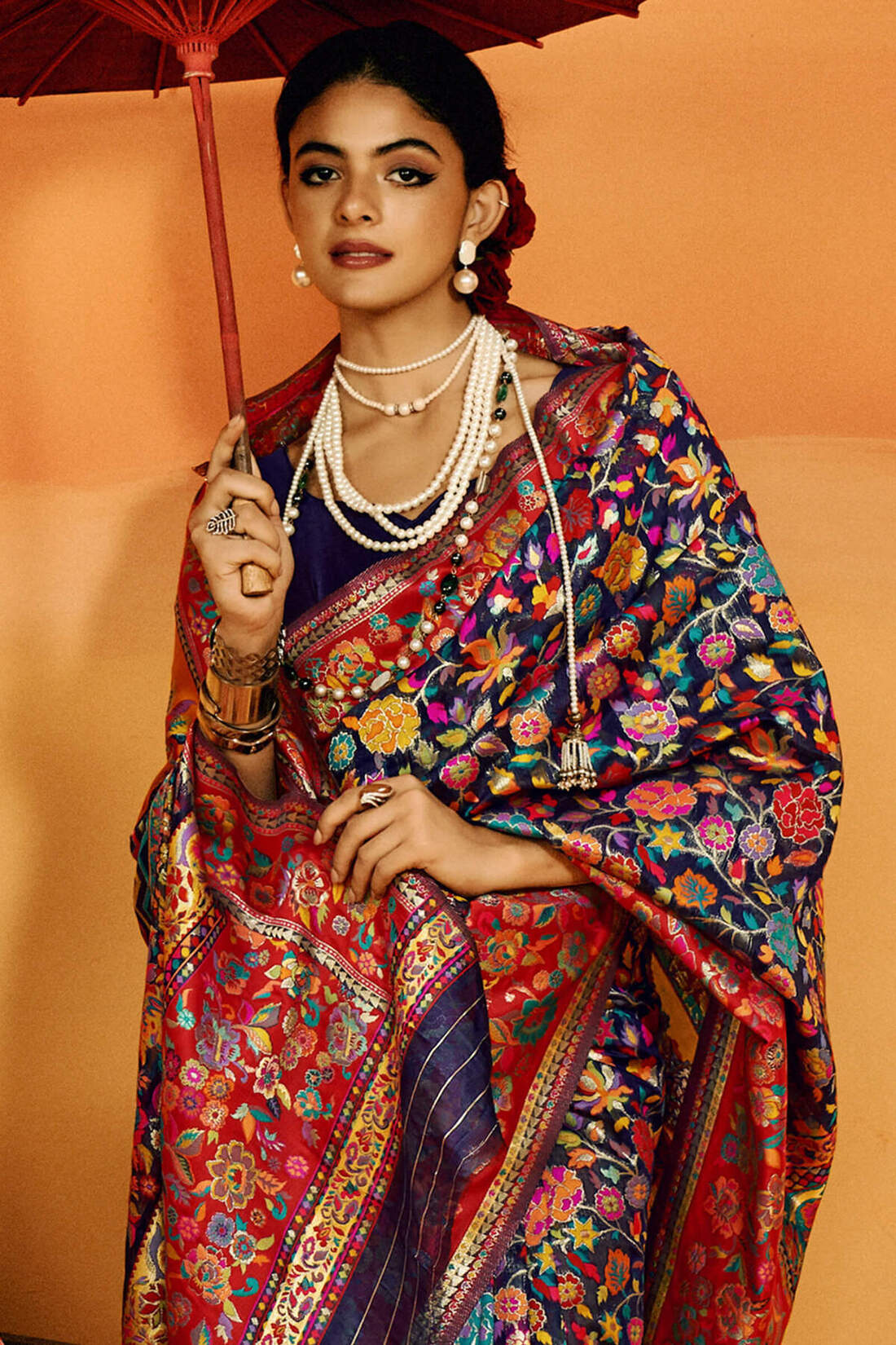 Prodigal Navy Blue Pashmina Saree With Magnificat Blouse Piece