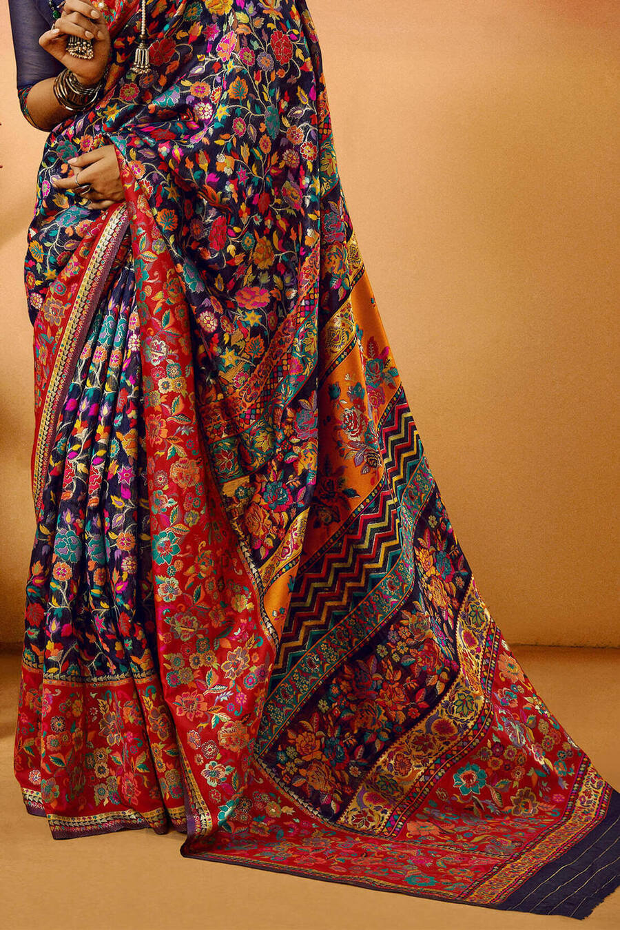 Prodigal Navy Blue Pashmina Saree With Magnificat Blouse Piece