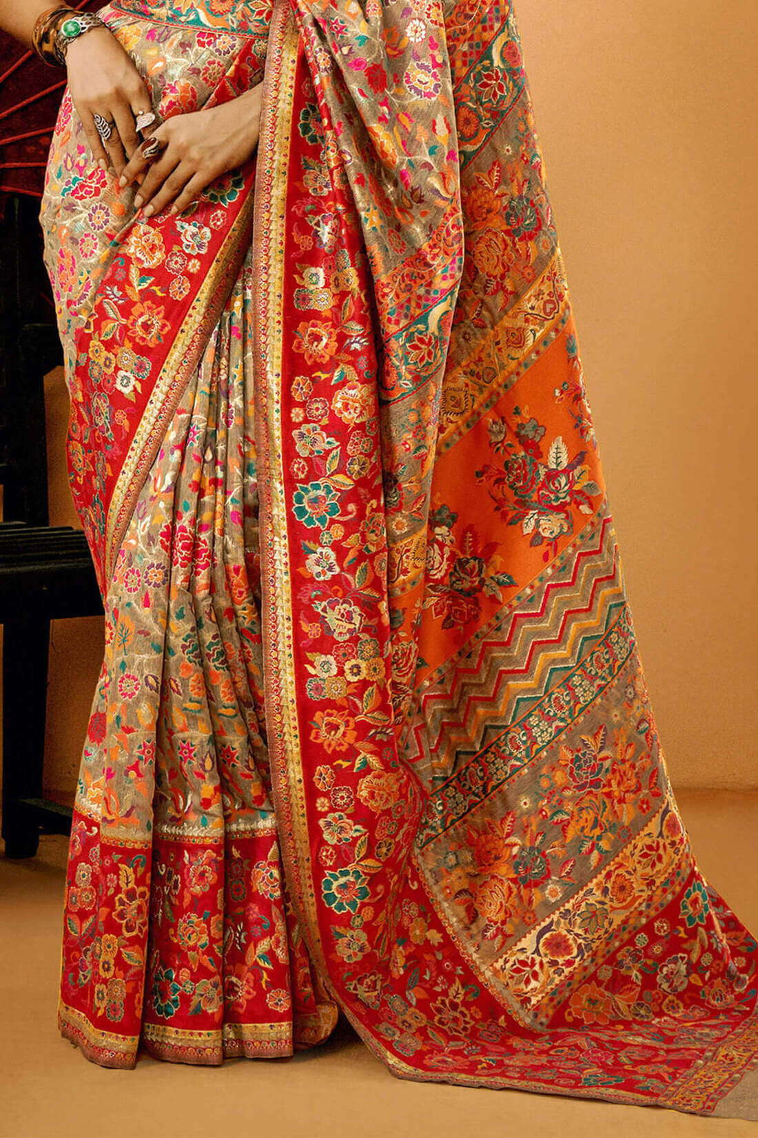 Petrichor Grey Pashmina Saree With Exuberant Blouse Piece