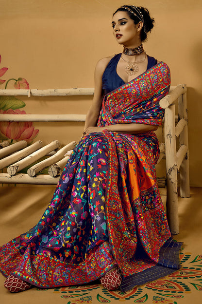 Lustrous Navy Blue Pashmina Saree With Sempiternal Blouse Piece