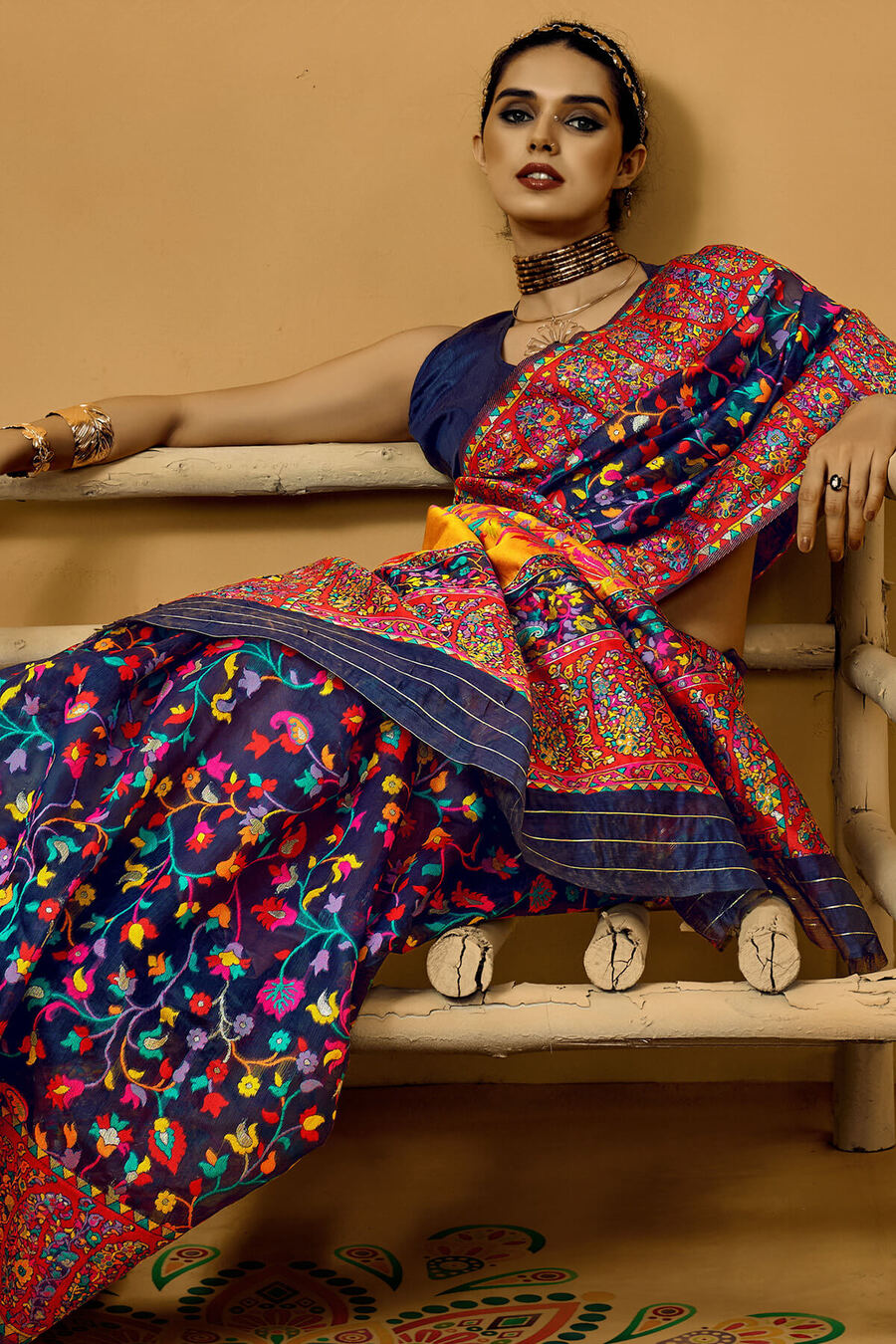 Lustrous Navy Blue Pashmina Saree With Sempiternal Blouse Piece