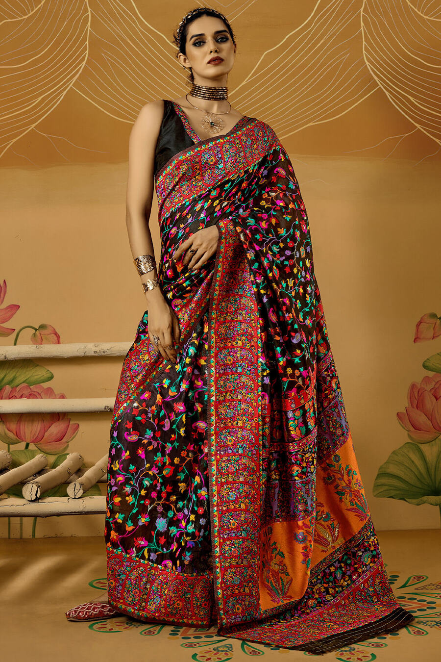 Outstanding Black Pashmina Saree With Pleasurable Blouse Piece