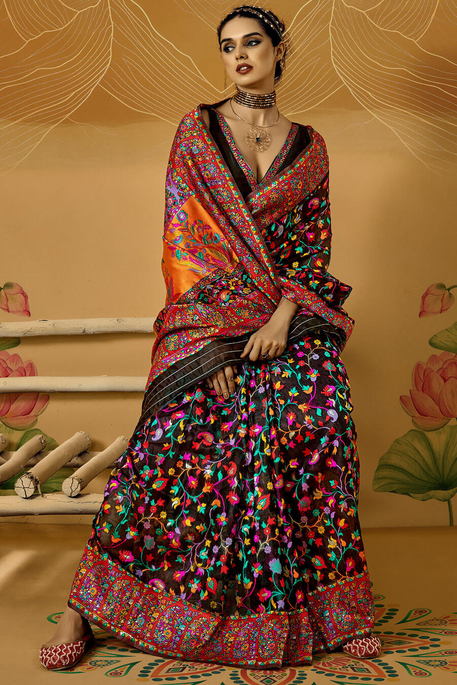 Outstanding Black Pashmina Saree With Pleasurable Blouse Piece