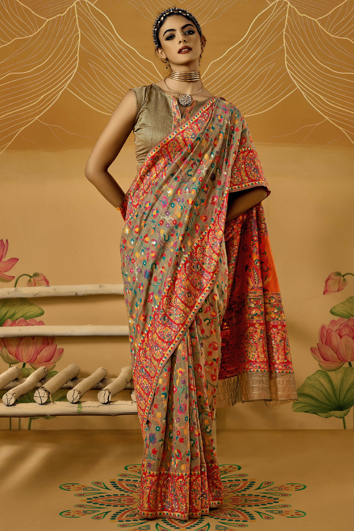 Demanding Grey Pashmina Saree With Magnetic Blouse Piece
