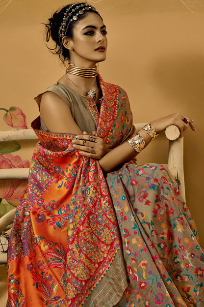 Demanding Grey Pashmina Saree With Magnetic Blouse Piece