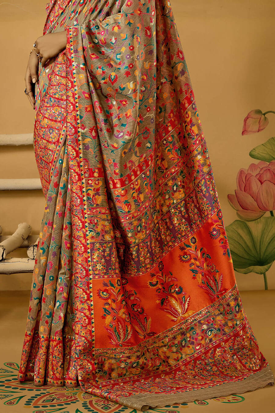 Demanding Grey Pashmina Saree With Magnetic Blouse Piece