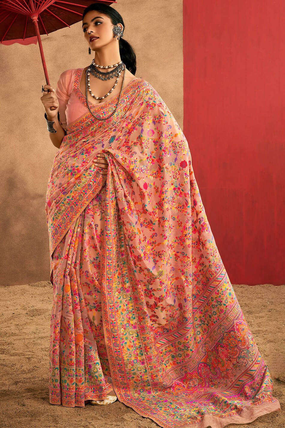 Delectable Peach Pashmina Saree With Panache Blouse Piece