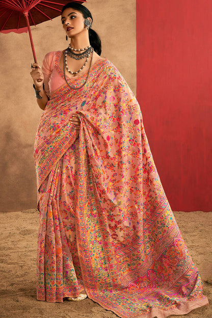 Delectable Peach Pashmina Saree With Panache Blouse Piece