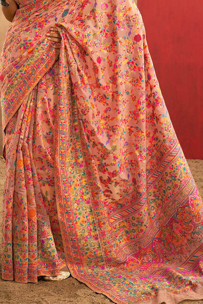 Delectable Peach Pashmina Saree With Panache Blouse Piece