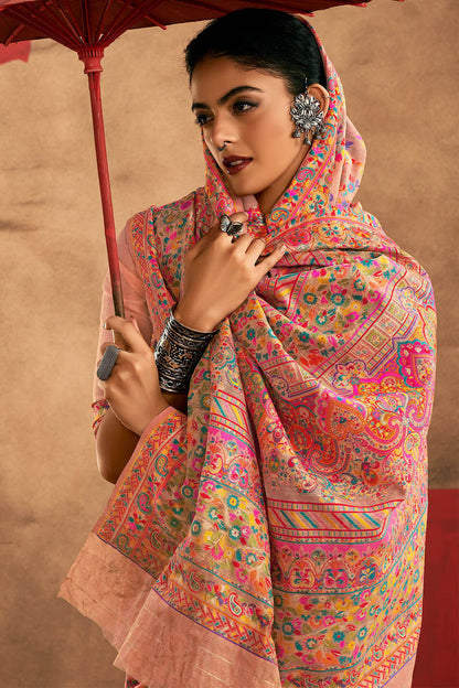 Delectable Peach Pashmina Saree With Panache Blouse Piece