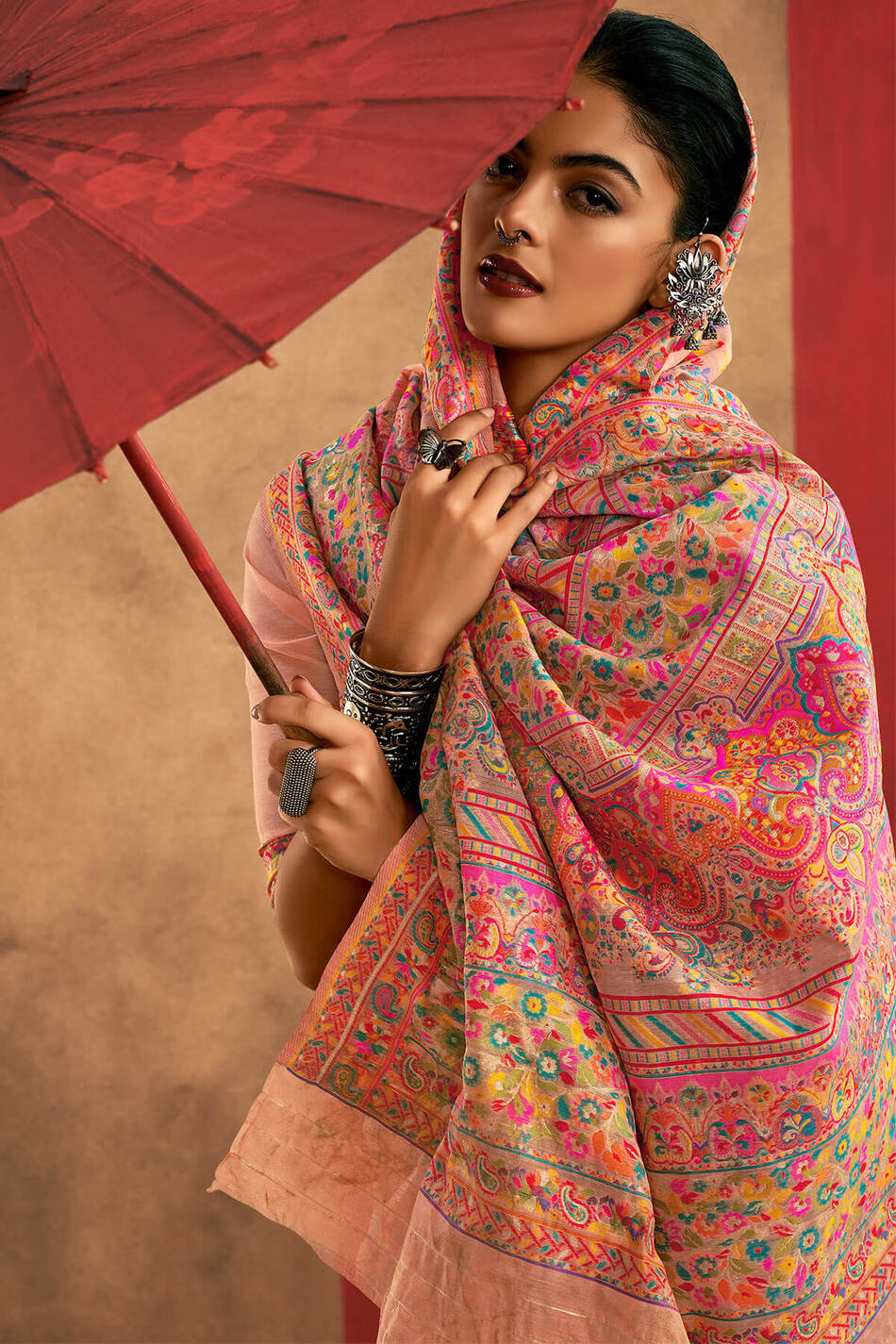 Delectable Peach Pashmina Saree With Panache Blouse Piece